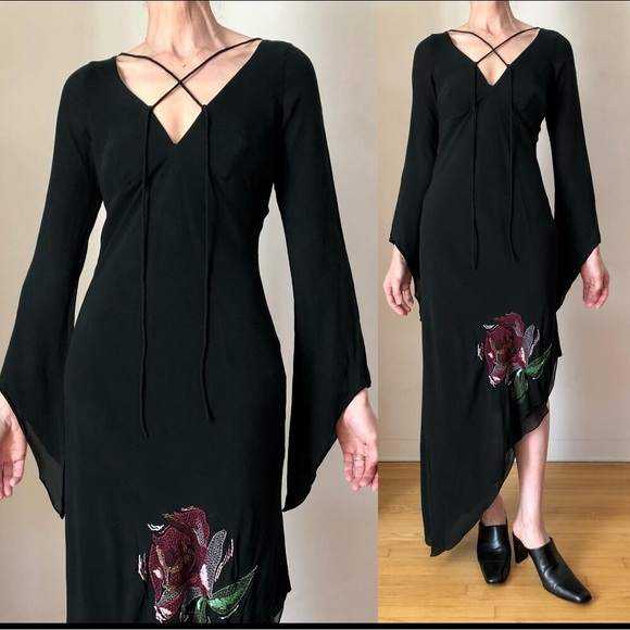 Nicole Miller Dresses & Skirts - NWT 1990s VTG Nicole Miller black silk beaded dress maxi asymmetrical hem gown